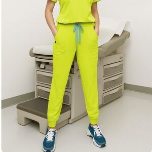 Figs Neon Lime Track Joggers with Blue Drawstring